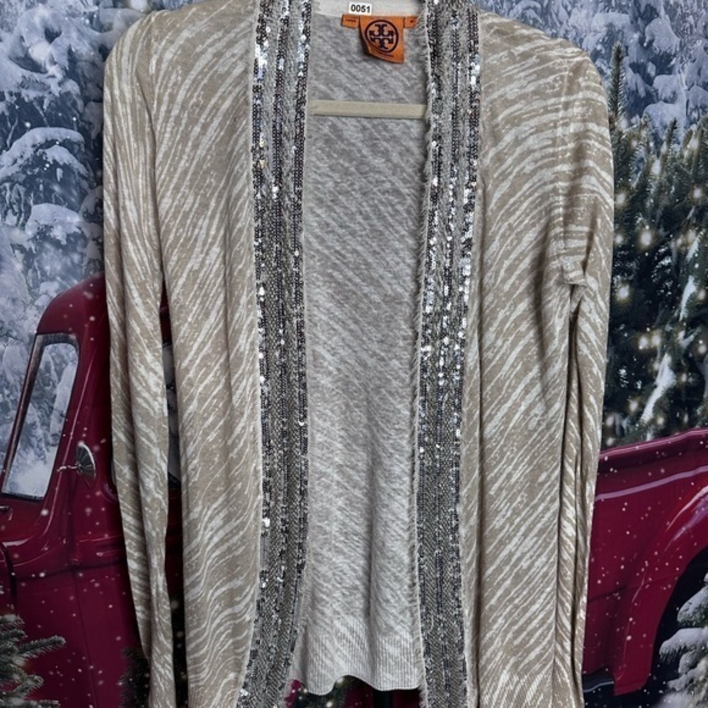 Tory Burch Maple Cardigan, Animal Print Sequin Style Open Cardigan Size Medium - Picture 1 of 6